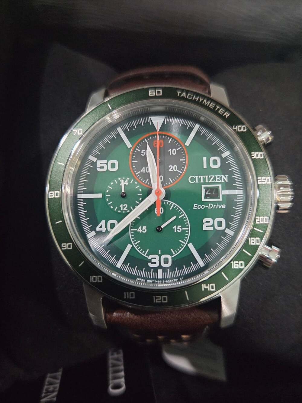Citizen Brycen Chronograph Green Dial Leather Strap Watch CA0851-05X